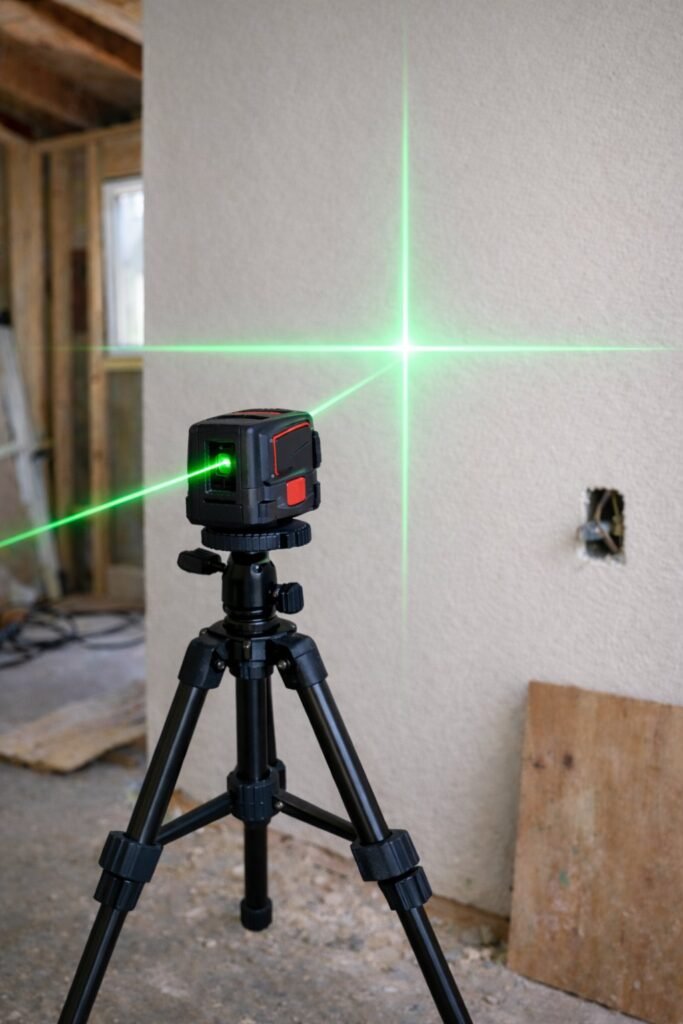 nivel láser proyectando líneas horizontales y verticales en pared durante obra
