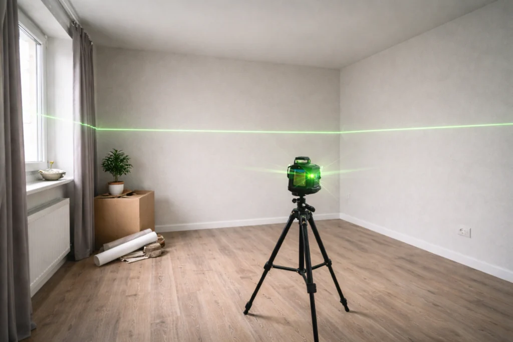 nivel láser 360 grados marcando una línea horizontal en toda la habitación