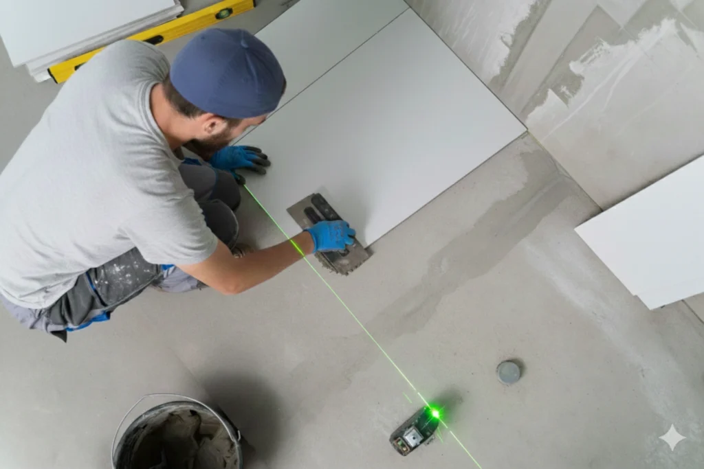 nivel láser para alinear cerámicas en piso con línea guía